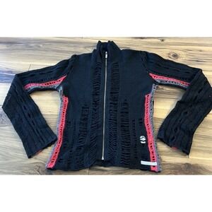 Firetrap Y2K 100% Wool Zip Full Zip Sweater Womens M Distressed Knit Grunge Goth